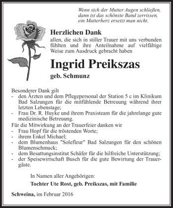 Traueranzeige von Ingrid Preikszas von Südthüringer Presse