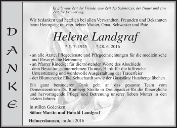 Traueranzeige von Helene Landgraf von Südthüringer Presse