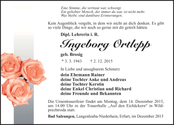 Traueranzeige von Ingeborg Ortlepp von Südthüringer Presse