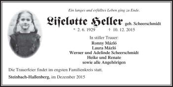 Traueranzeige von Liselotte Heller von Südthüringer Presse