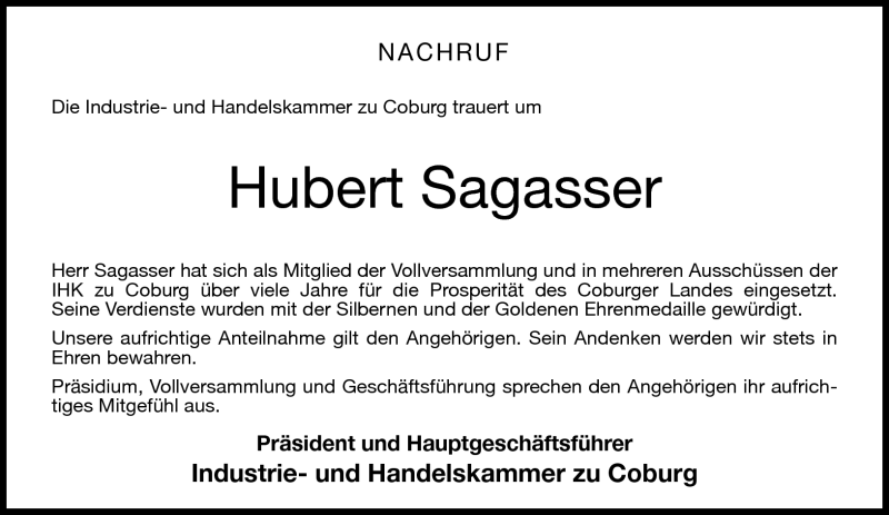  Traueranzeige für Hubert Sagasser vom 01.06.2015 aus Neue Presse Coburg