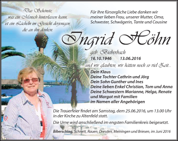 Traueranzeige von Ingrid Höhn von Südthüringer Presse