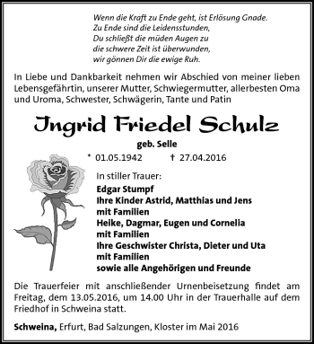 Traueranzeige von Ingrid Friedel Schulz von Südthüringer Presse