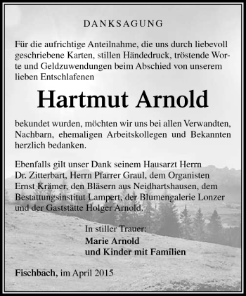Traueranzeige von Hartmut Arnold von Südthüringer Presse