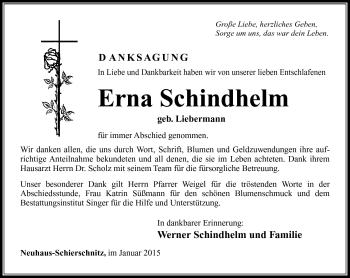 Traueranzeige von Erna Schindhelm von Südthüringer Presse
