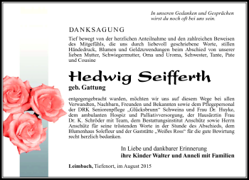 Traueranzeige von Hedwig Seifferth von Südthüringer Presse