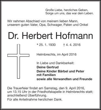 Traueranzeige von Dr. Herbert Hofmann von Frankenpost