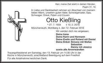 Traueranzeige von Otto Kießling von Frankenpost
