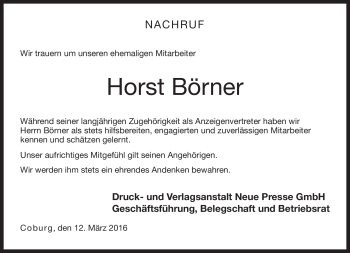 Traueranzeige von Horst Börner von Neue Presse Coburg