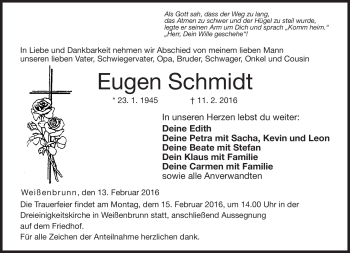 Traueranzeige von Eugen Schmidt von Neue Presse Coburg