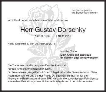 Traueranzeige von Gustav Dorschky von Frankenpost