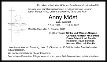 Traueranzeige von Anny Möstl von Frankenpost