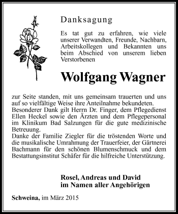 Traueranzeige von Wolfgang Wagner von Südthüringer Presse