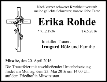 Traueranzeige von Erika Rohde von Neue Presse Coburg
