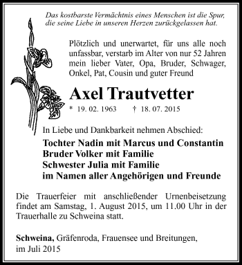 Traueranzeige von Axel Trautvetter von Südthüringer Presse