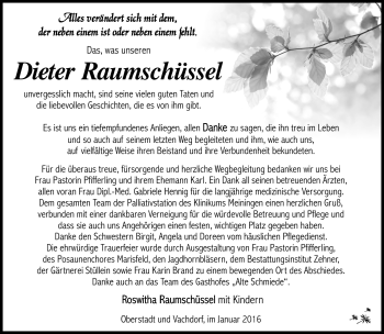 Traueranzeige von Dieter Raumschüssel von Südthüringer Presse