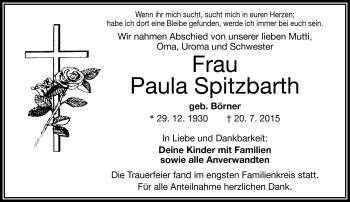 Traueranzeige von Paula Spitzbarth von Frankenpost