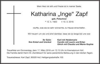 Traueranzeige von Katharina Zapf von Frankenpost