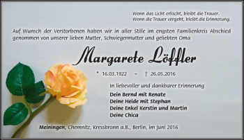 Traueranzeige von Margarete Löffler von Südthüringer Presse