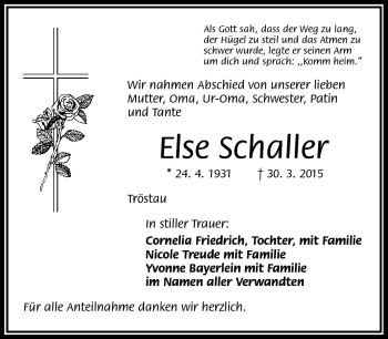 Traueranzeige von Else Schaller von Frankenpost