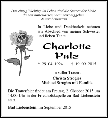 Traueranzeige von Charlotte Pulz von Südthüringer Presse