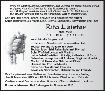 Traueranzeige von Rita Leister von Südthüringer Presse