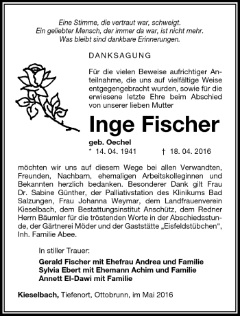 Traueranzeige von Inge Fischer von Südthüringer Presse
