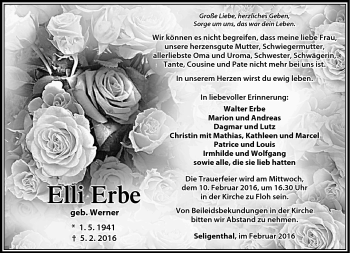 Traueranzeige von Elli Erbe von Südthüringer Presse