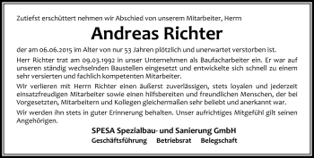 Traueranzeige von Andreas Richter von Südthüringer Presse