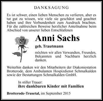 Traueranzeige von Anni Sachs von Südthüringer Presse