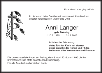 Traueranzeige von Anni Langer von Frankenpost