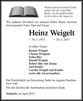 Traueranzeige von Heinz Weigelt von Südthüringer Presse