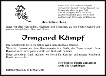Traueranzeige von Irmgard Kämpf von Südthüringer Presse