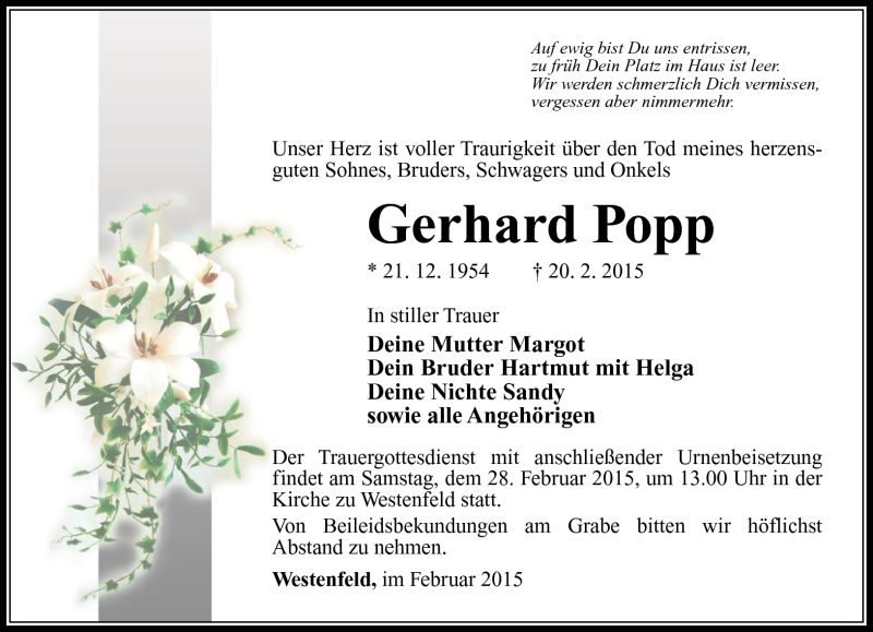  Traueranzeige für Gerhard Popp vom 26.02.2015 aus Südthüringer Presse