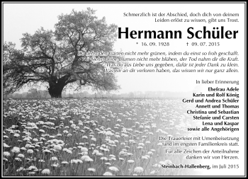 Traueranzeige von Hermann Schüler von Südthüringer Presse