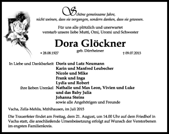 Traueranzeige von Dora Glöckner von Südthüringer Presse