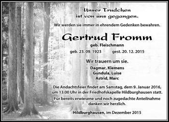 Traueranzeige von gertrud Fromm von Südthüringer Presse