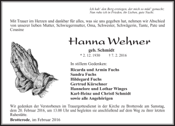 Traueranzeige von Hanna Wehner von Südthüringer Presse