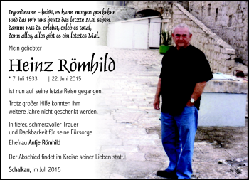 Traueranzeige von Heinz Römhild von Südthüringer Presse