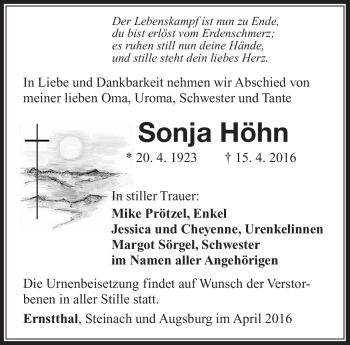 Traueranzeige von Sonja Höhn von Südthüringer Presse