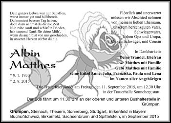 Traueranzeige von Albin Matthes von Südthüringer Presse