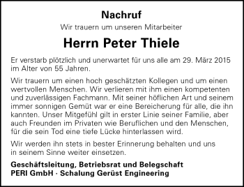 Traueranzeige von Peter Thiele von Südthüringer Presse