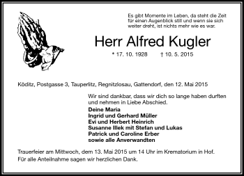 Traueranzeige von Alfred Kugler von Frankenpost