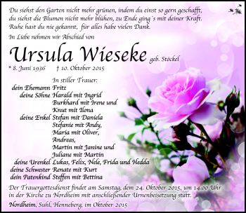 Traueranzeige von Ursula Wieseke von Südthüringer Presse