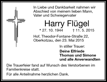 Traueranzeige von Harry Flügel von Frankenpost