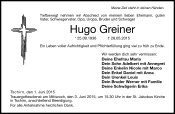 Traueranzeige von Hugo Greiner von Neue Presse Coburg