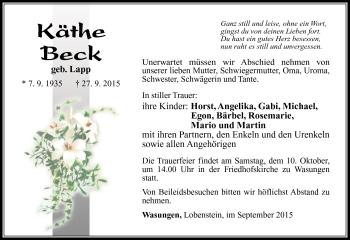 Traueranzeige von Käthe Beck von Südthüringer Presse