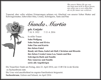 Traueranzeige von Gunda Martin von Südthüringer Presse