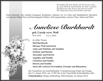 Traueranzeige von Anneliese Burkhardt von Südthüringer Presse