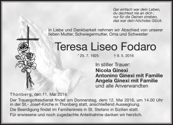 Traueranzeige von Teres Liseo Fodaro von Neue Presse Coburg